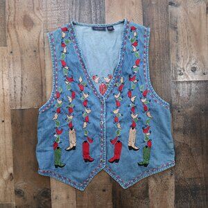 90s Cowboy Boots & Jalepeno Peppers Embroidered Vest Womasn Large Lifestyle